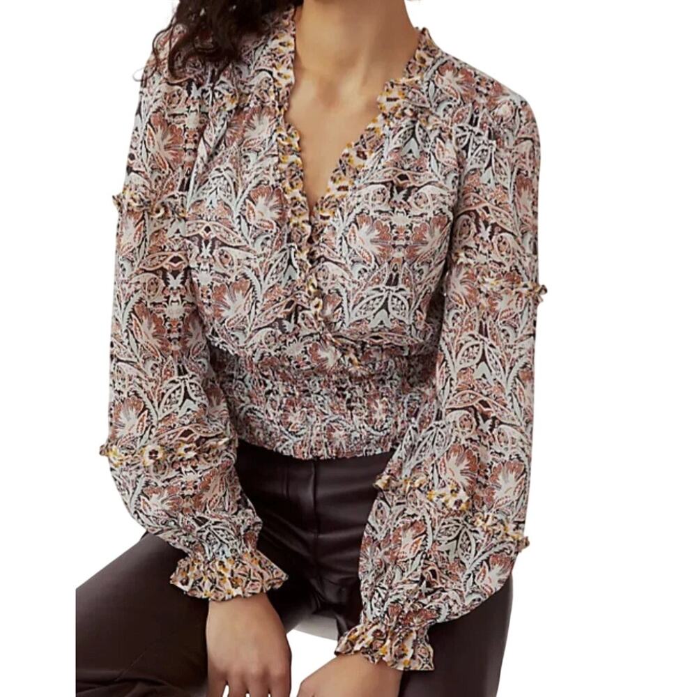 Anthropologie Boho Hippie Flounce Surplice Smocked Brown Blue Orange Blouse Top